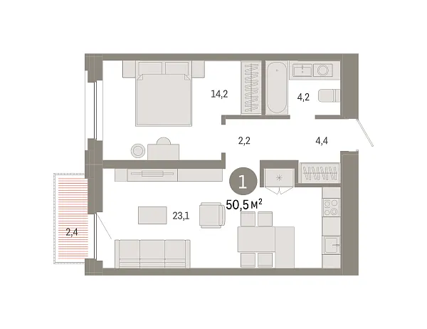 Новая 1-к квартира
 50.46 м² на 3/16 этаже в ЖК «Зарека» в городе Тюмень 