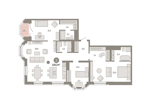 Новая 3-к квартира
 128.2 м² на 9/24 этаже в ЖК «На Некрасова» в городе Тюмень 