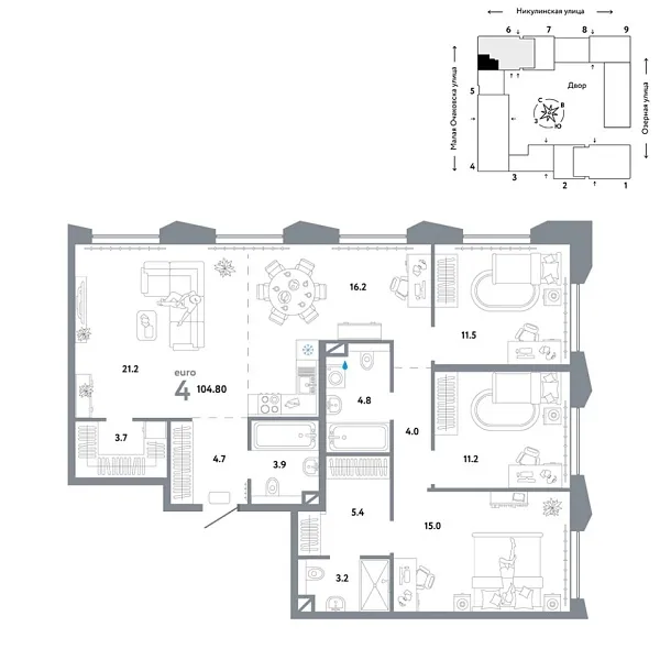 Новая 4-к квартира
 104.8 м² на 29/30 этаже в ЖК «Страна.Озёрная» в городе Тюмень 