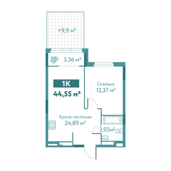 Новая 1-к квартира
 44.55 м² на 1/10 этаже в ЖК «Акватория» в городе Тюмень 