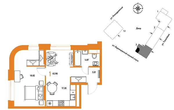 Новая 1-к квартира
 45.98 м² на 2/9 этаже в ЖК «Страна.Тополёвая» в городе Тюмень 
