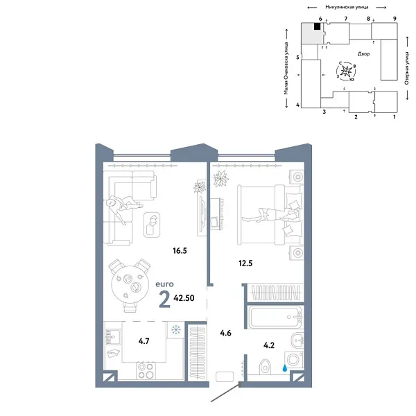 Новая 2-к квартира
 42.5 м² на 15/30 этаже в ЖК «Страна.Озёрная» в городе Тюмень 