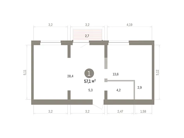 Количество комнат: 1,  57.1 кв.м.