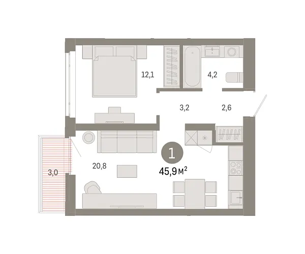 Новая 1-к квартира
 45.87 м² на 5/8 этаже в ЖК «Республики 205» в городе Тюмень 