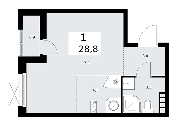 Новая 1-к квартира
 28.8 м² на 4/18 этаже в ЖК «Бунинские кварталы» в городе Тюмень 