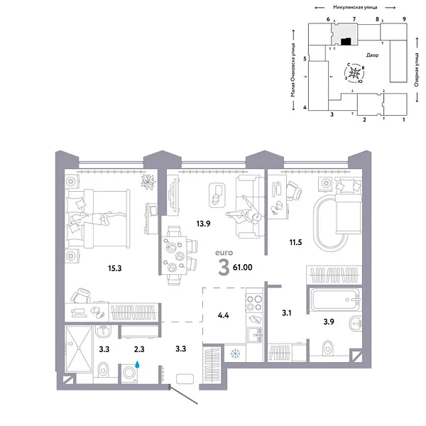 Новая 3-к квартира
 61 м² на 26/30 этаже в ЖК «Страна.Озёрная» в городе Тюмень 