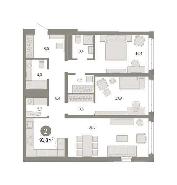 Новая 2-к квартира
 91.81 м² на 10/18 этаже в ЖК «Республики 205» в городе Тюмень 