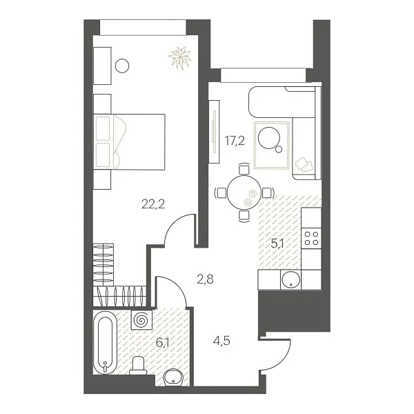 Новая 1-к квартира
 58 м² на 6/12 этаже в ЖК «White House» в городе Тюмень 