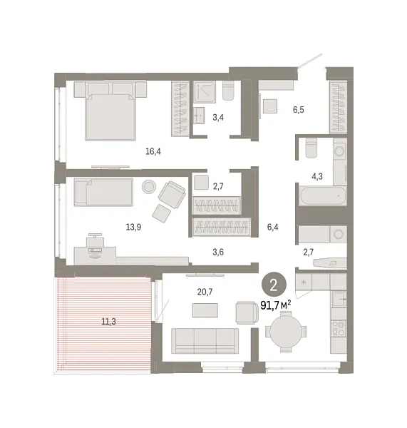 Новая 2-к квартира
 91.68 м² на 12/18 этаже в ЖК «Республики 205» в городе Тюмень 
