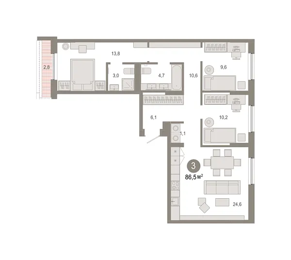 Новая 3-к квартира
 86.52 м² на 7/7 этаже в ЖК «Октябрьский на Туре» в городе Тюмень 