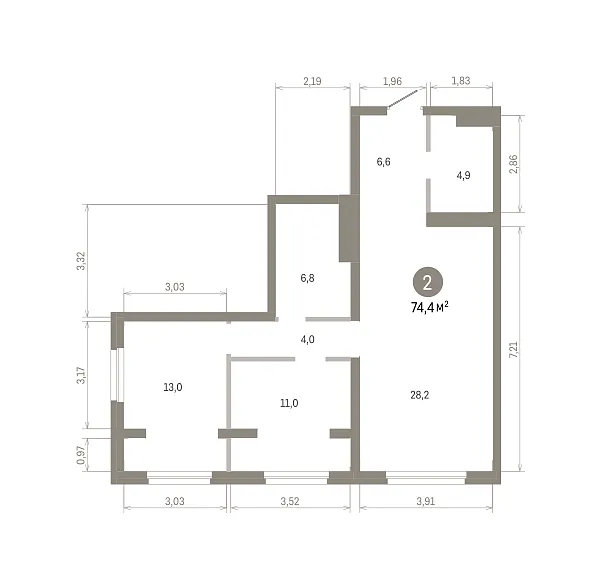 Количество комнат: 2,  74.4 кв.м.