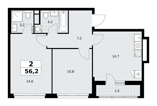 Новая 2-к квартира
 56.2 м² на 7/9 этаже в ЖК «Родные кварталы» в городе Тюмень 