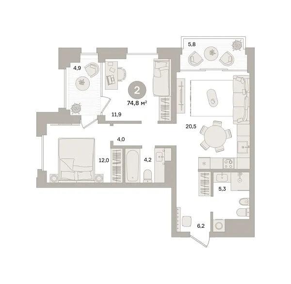 Новая 2-к квартира
 74.83 м² на 18/24 этаже в ЖК «Квартал «МОНС»» в городе Тюмень 