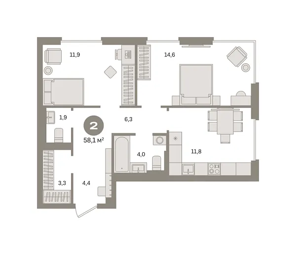 Новая 2-к квартира
 58.14 м² на 6/30 этаже в ЖК «Квартал Герцена» в городе Тюмень 