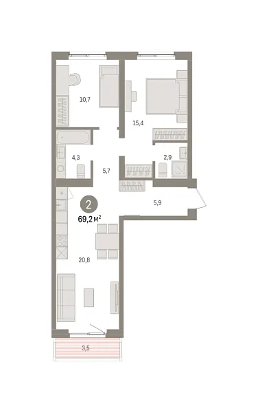 Новая 2-к квартира
 69.2 м² на 4/8 этаже в ЖК «Южные кварталы» в городе Тюмень 