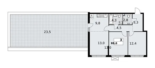 Новая 3-к квартира
 88.6 м² на 2/12 этаже в ЖК «Скандинавия» в городе Тюмень 