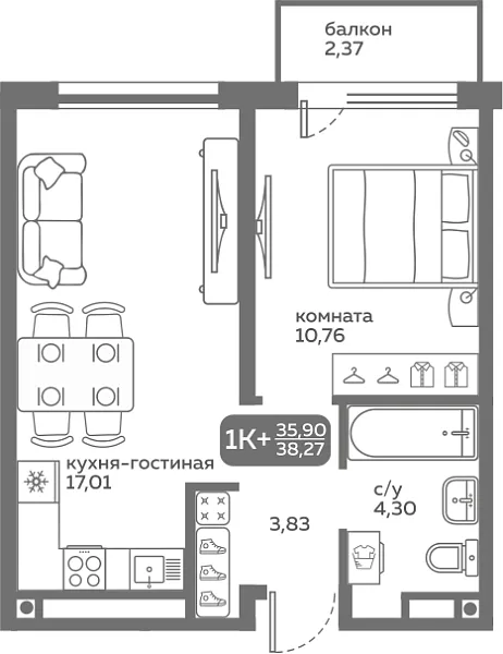 Новая 1-к квартира
 35.68 м² на 11/20 этаже в ЖК «Меридиан Слобода» в городе Тюмень 