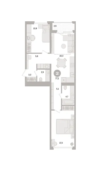 Новая 2-к квартира
 77.1 м² на 12/21 этаже в ЖК «Дом «А»» в городе Тюмень 