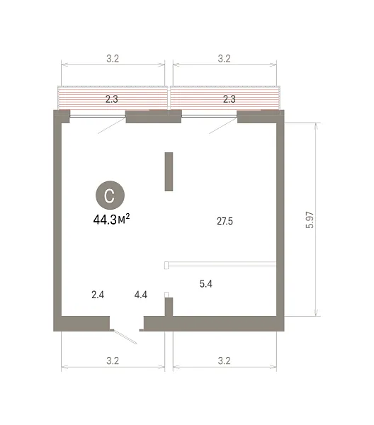 Количество комнат: Студия,  44.28 кв.м.