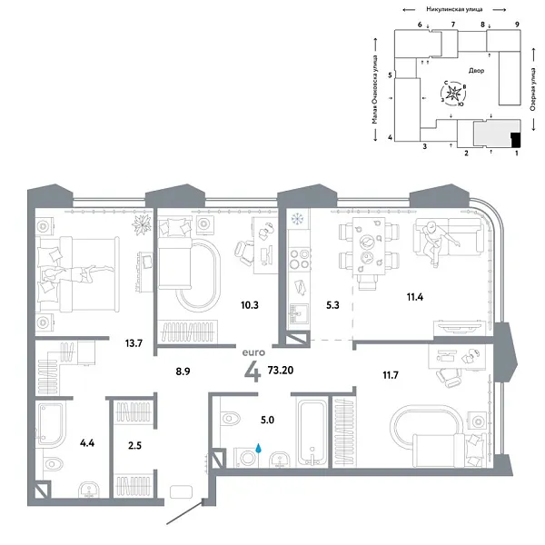 Новая 4-к квартира
 73.2 м² на 30/30 этаже в ЖК «Страна.Озёрная» в городе Тюмень 