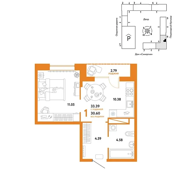 Новая 1-к квартира
 33.39 м² на 15/16 этаже в ЖК «Юнион» в городе Тюмень 
