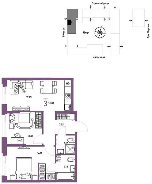 Новая 3-к квартира
 56.07 м² на 6/24 этаже в ЖК «Европейский берег 2.0» в городе Тюмень 