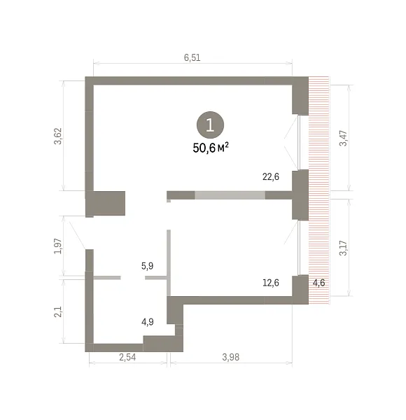 Количество комнат: 1,  50.6 кв.м.