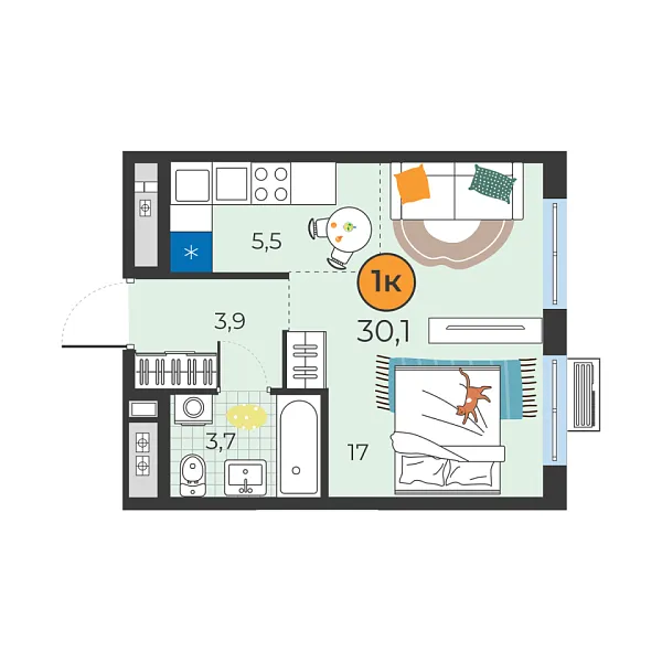 Новая квартира-студия
 30.1 м² на 23/25 этаже в ЖК «Корней» в городе Тюмень 