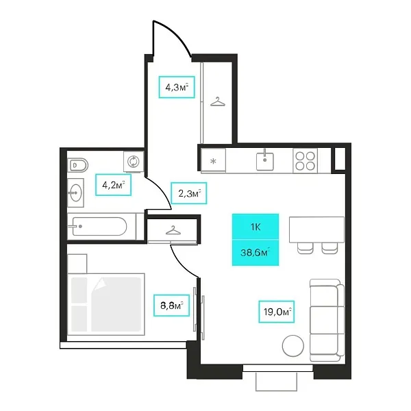 Количество комнат: 1,  38.6 кв.м.