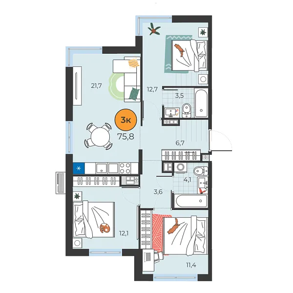 Новая 3-к квартира
 75.8 м² на 5/25 этаже в ЖК «Корней» в городе Тюмень 