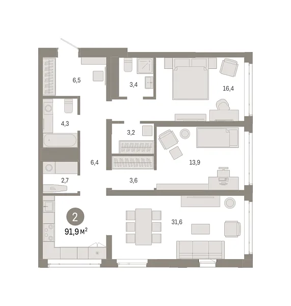 Новая 2-к квартира
 91.89 м² на 11/18 этаже в ЖК «Республики 205» в городе Тюмень 