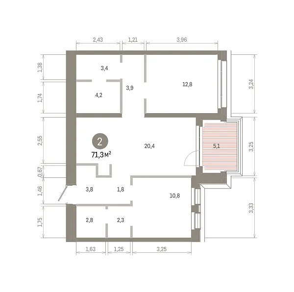 Количество комнат: 2,  71.3 кв.м.