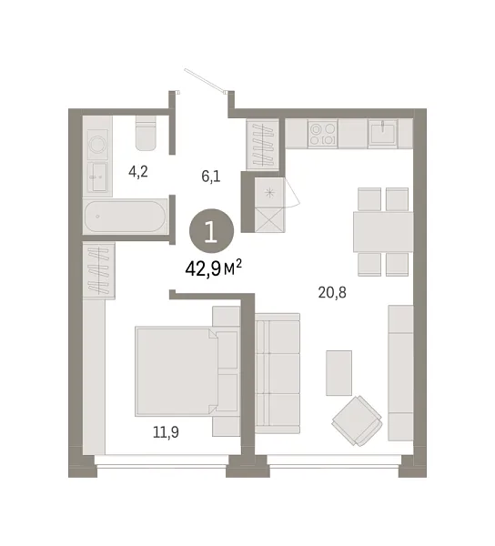 Новая 1-к квартира
 42.86 м² на 2/7 этаже в ЖК «Квартал Нефть» в городе Тюмень 
