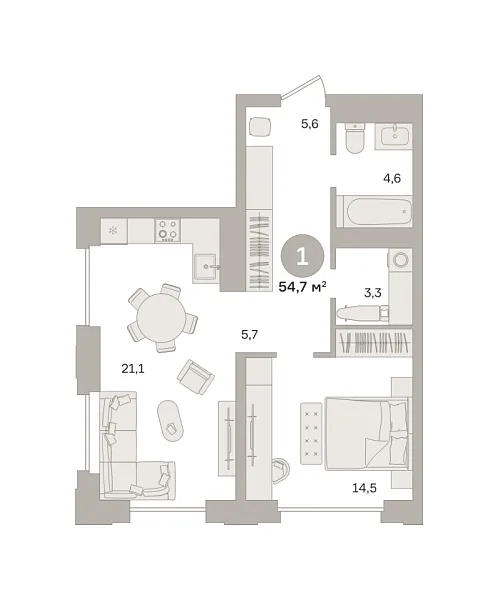 Новая 1-к квартира
 54.69 м² на 24/25 этаже в ЖК «Квартал «МОНС»» в городе Тюмень 