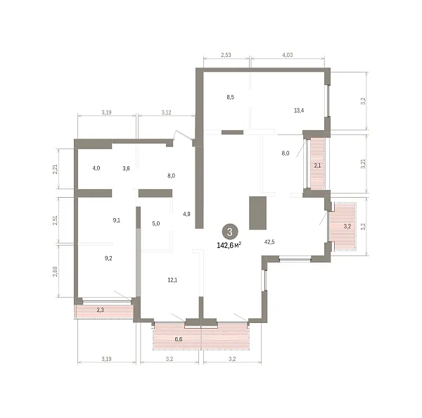 Количество комнат: 3,  142.6 кв.м.