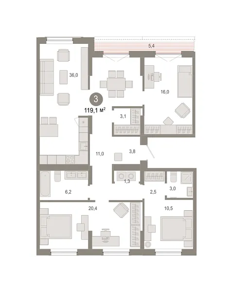 Новая 3-к квартира
 119.09 м² на 8/9 этаже в ЖК «Октябрьский на Туре» в городе Тюмень 