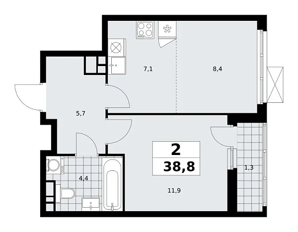 Новая 2-к квартира
 38.8 м² на 12/12 этаже в ЖК «Скандинавия» в городе Тюмень 