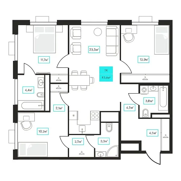 Количество комнат: 3,  83.4 кв.м.