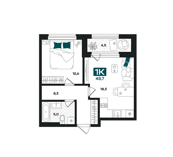 Новая 1-к квартира
 48.7 м² на 10/23 этаже в ЖК «Добро» в городе Тюмень 