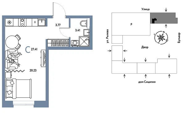 Новая квартира-студия
 27.41 м² на 12/24 этаже в ЖК «Остров-сад» в городе Тюмень 
