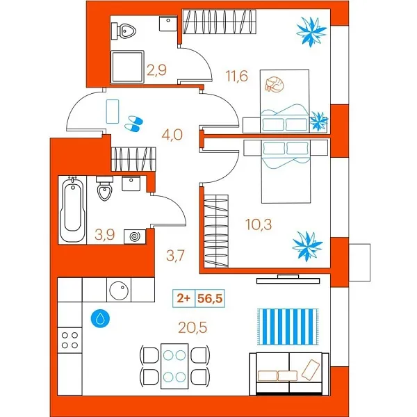 Новая 2-к квартира
 56.5 м² на 9/22 этаже в ЖК «SuperSky» в городе Тюмень 