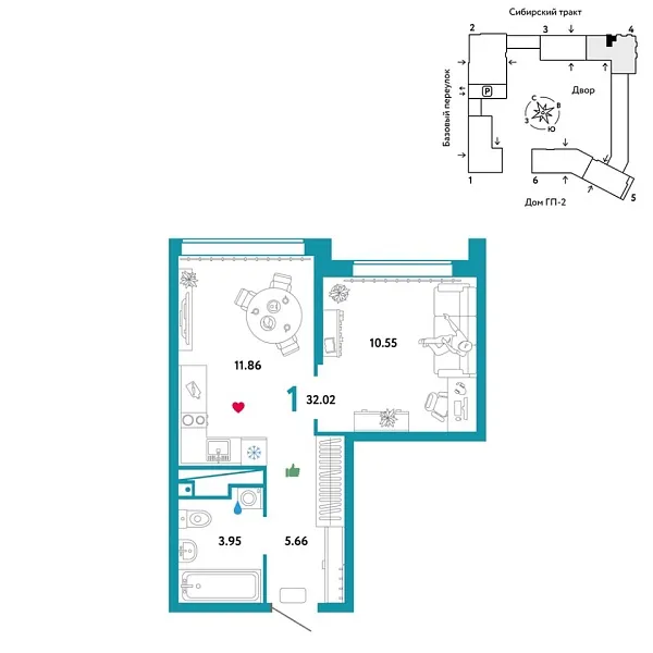 Новая 1-к квартира
 32.02 м² на 25/32 этаже в ЖК «Сибирский сад» в городе Тюмень 