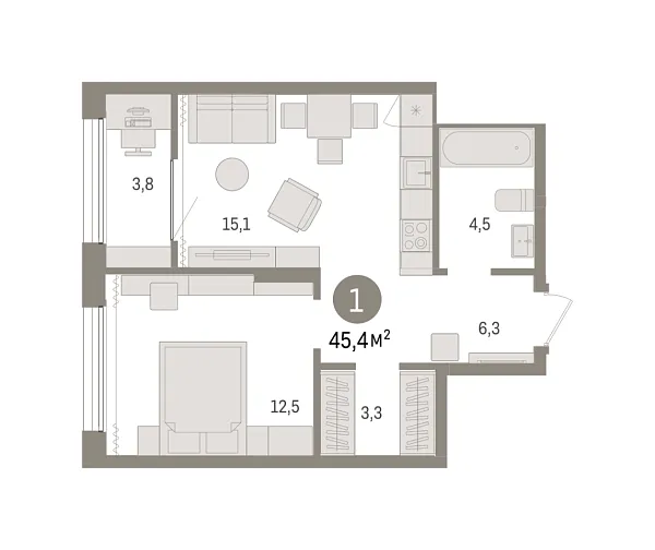 Новая 1-к квартира
 45.41 м² на 15/17 этаже в ЖК «Октябрьский на Туре» в городе Тюмень 