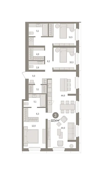 Новая 3-к квартира
 117.35 м² на 2/7 этаже в ЖК «Кварталы «На Минской»» в городе Тюмень 