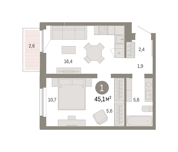 Новая 1-к квартира
 45.13 м² на 6/9 этаже в ЖК «Зарека» в городе Тюмень 