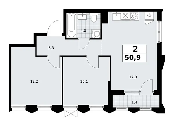Новая 2-к квартира
 50.9 м² на 9/16 этаже в ЖК «Деснаречье» в городе Тюмень 