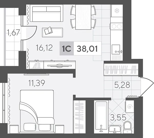 Новая 1-к квартира
 38.01 м² на 3/17 этаже в ЖК «Скандиа. Квартал в Комарово Парк» в городе Тюмень 
