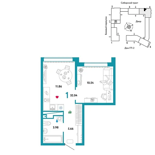 Новая 1-к квартира
 32.04 м² на 16/32 этаже в ЖК «Сибирский сад» в городе Тюмень 