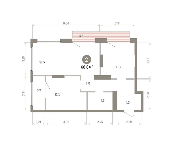 Количество комнат: 2,  68.75 кв.м.