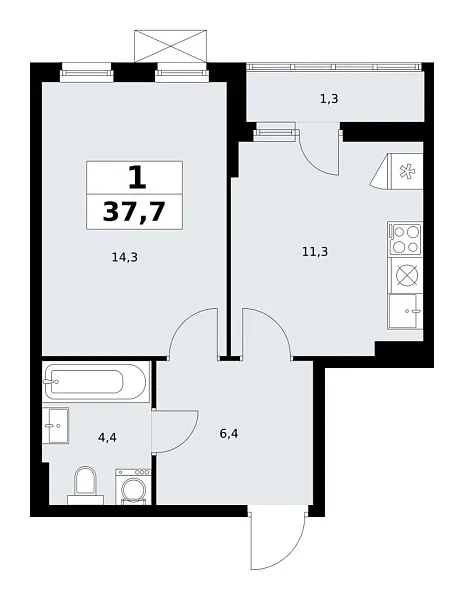 Новая 1-к квартира
 37.7 м² на 6/13 этаже в ЖК «Дзен-кварталы» в городе Тюмень 